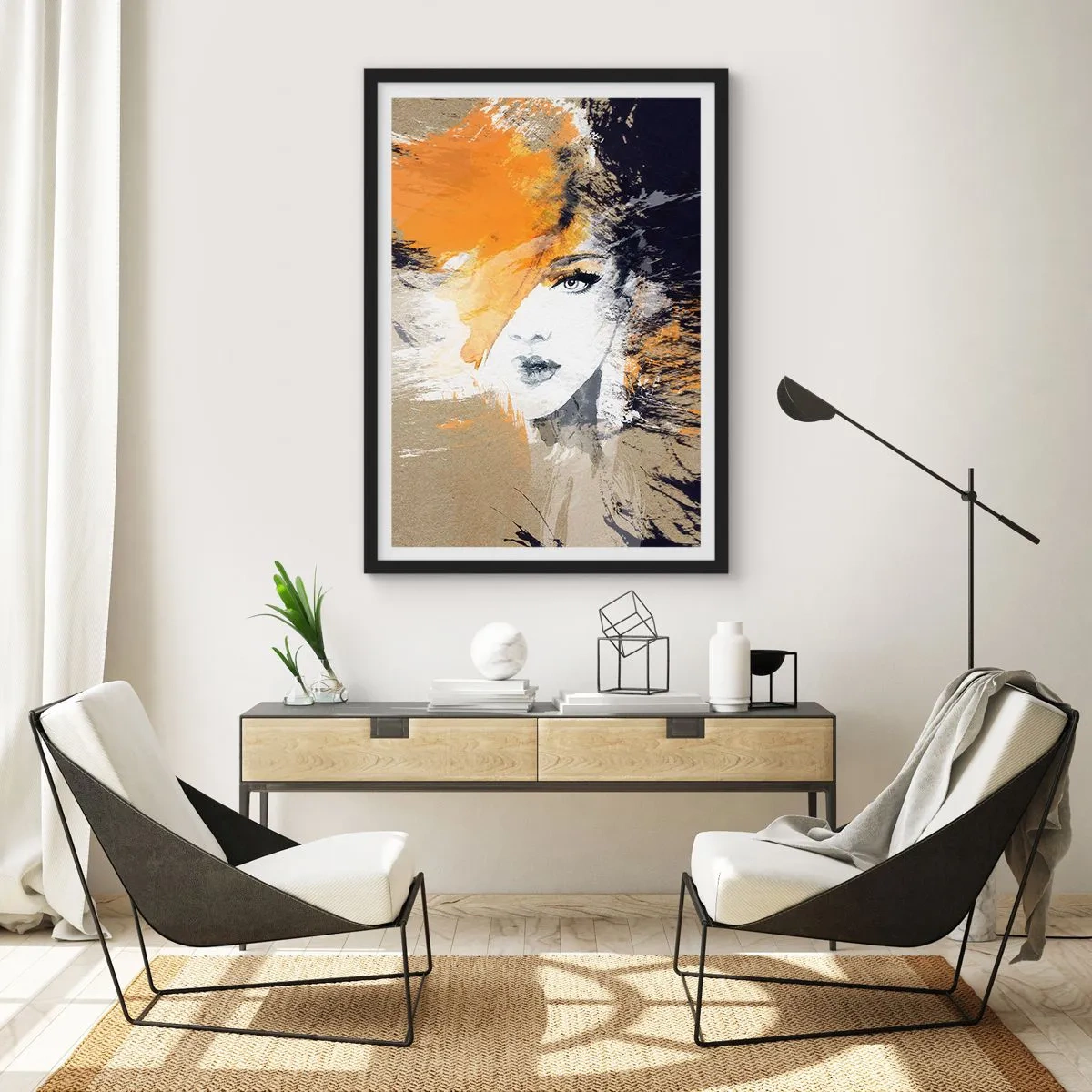 Poster in black frame - Portrait of a woman in an artistic style with orange accents - 50x70cm - And There Was Light - Modern wall decoration for the living room and bedroom ARTTOR