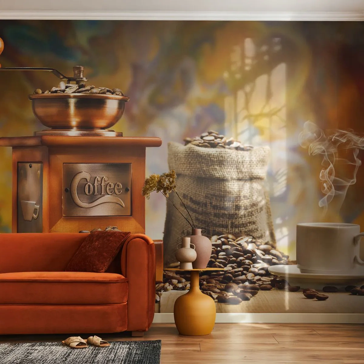 Custom Self-Adhesive Wallpaper Deluxe Sticker - Grains Crunching, Grinder Rumbling - Gastronomy, Coffee, Coffee grinder
