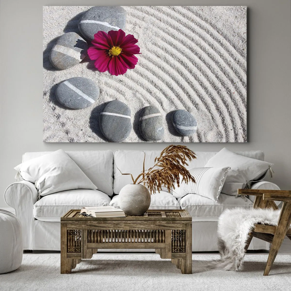 Canvas picture - Stones and a pink flower on the sand in a zen style - 70x50cm - Energy and Tranquillity of the Magic Circle of Nature - Modern wall decoration for the living room and bedroom ARTTOR