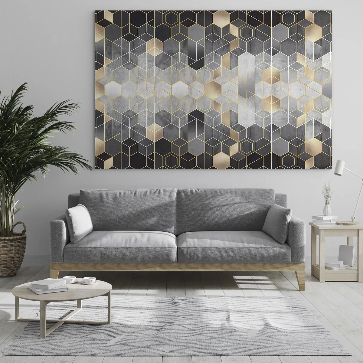 Glass picture - Geometric pattern of hexagons in golden lines - 70x50cm - Diamond Composition - Modern wall decoration for the living room and bedroom ARTTOR