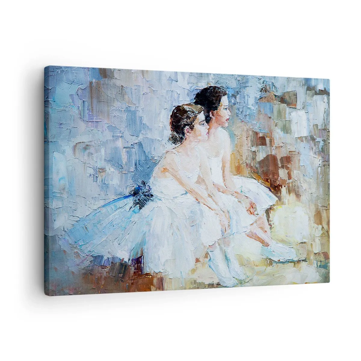 Canvas picture - Two ballerinas in white outfits relaxing against a pastel background. - 70x50cm - Young Swans Resting - Modern wall decoration for the living room and bedroom ARTTOR