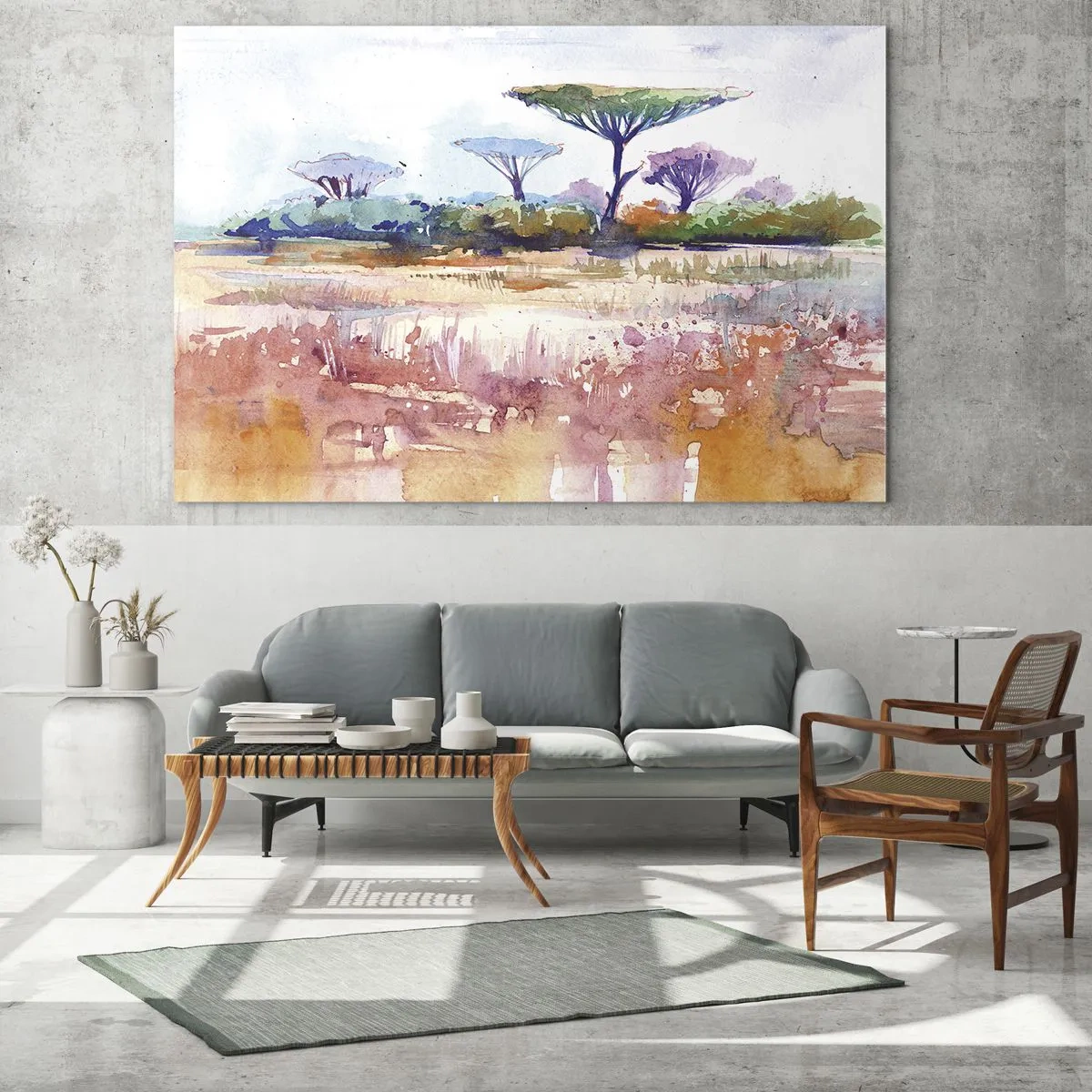 Glass picture - Watercolor savanna landscape with trees and vegetation - 70x50cm - Colour of Savannah - Modern wall decoration for the living room and bedroom ARTTOR