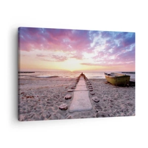 Canvas picture - Sunrise beach with boat and pier - 70x50cm - Moments of Profound Experience - Modern wall decoration for the living room and bedroom ARTTOR