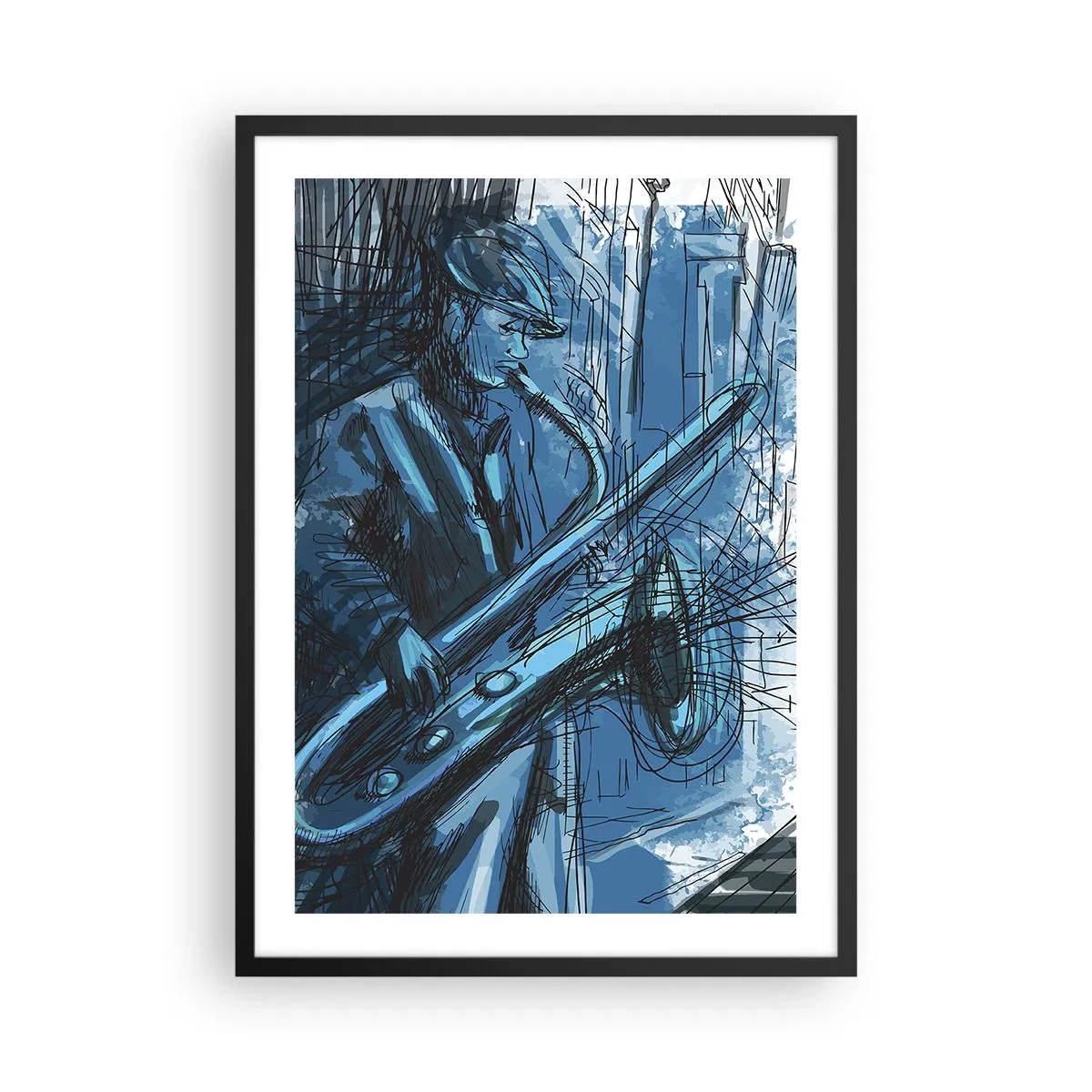 Poster in black frame - Artistic sketch of a musician playing the saxophone - 50x70cm - City Rhapsody - Modern wall decoration for the living room and bedroom ARTTOR