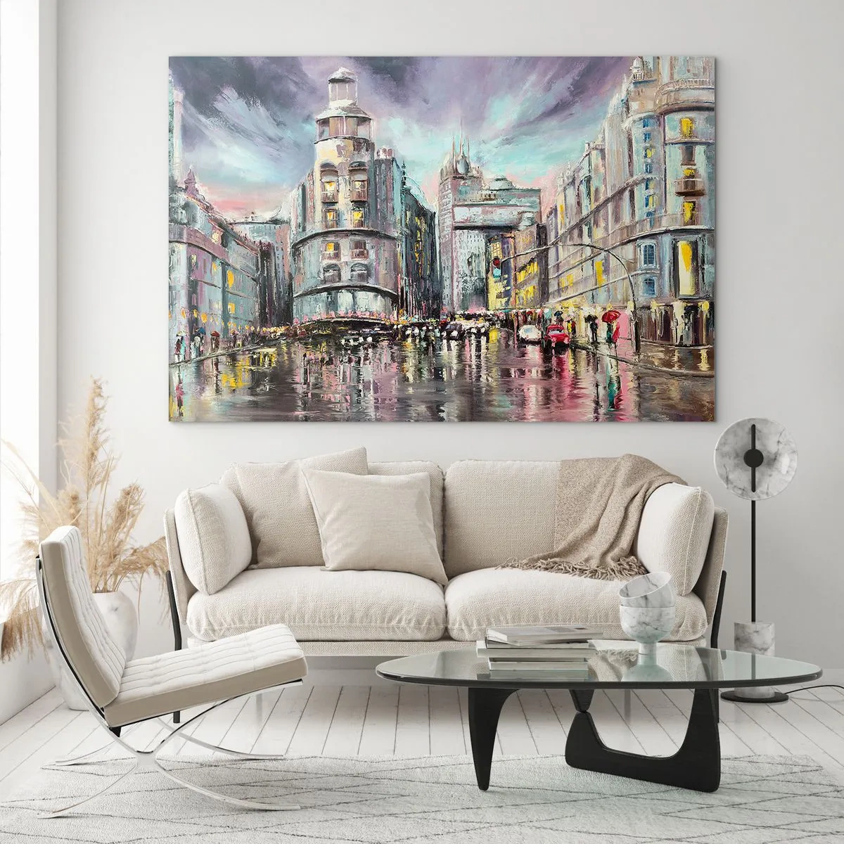 Glass picture - A city street in the rain with a spectacular reflection of the lights - 70x50cm - It Will Be a Great Evening - Modern wall decoration for the living room and bedroom ARTTOR