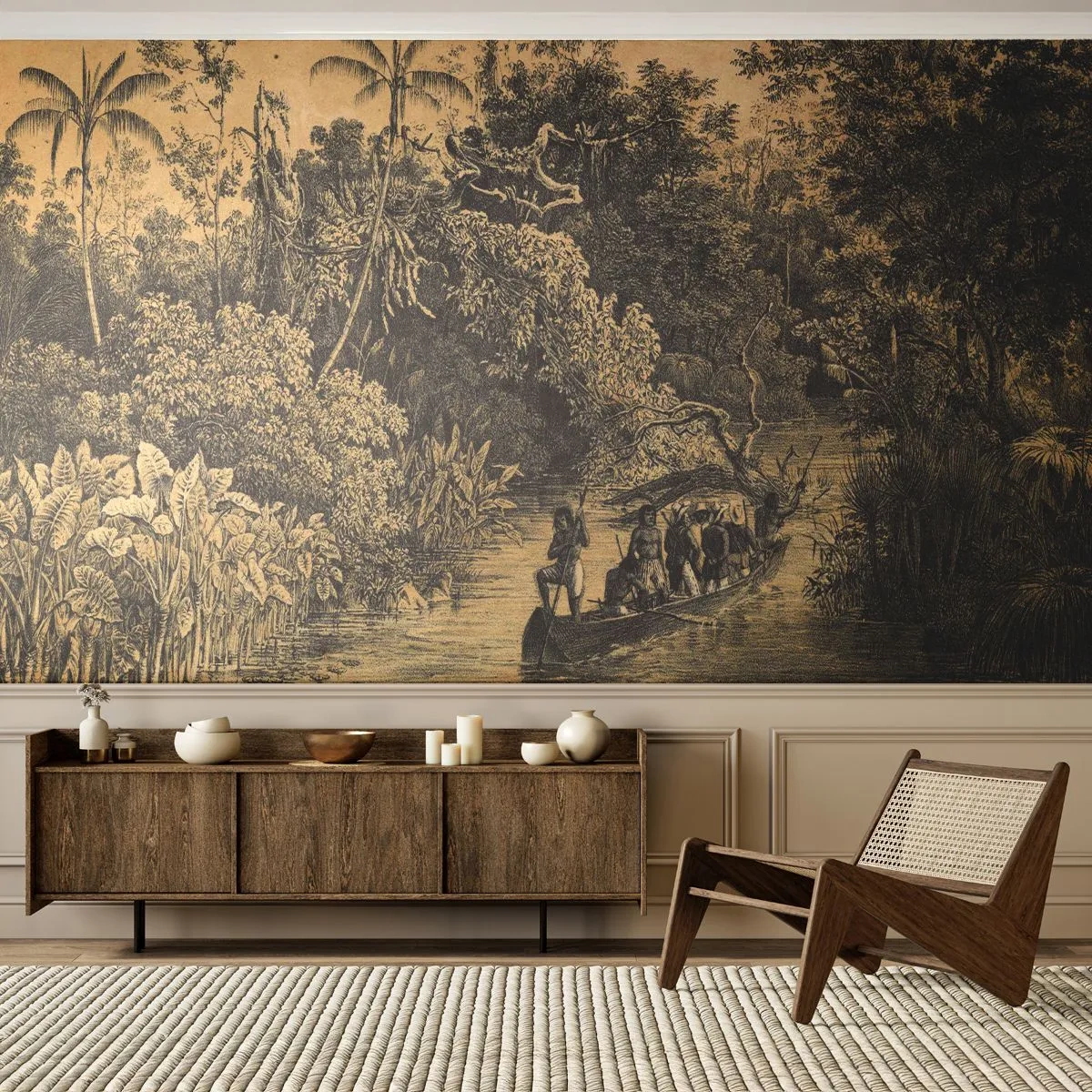 Photo Wallpaper Standard Eco - Cartoon jungle scene with a boat on the river - 100x70cm - Journey to the Spring - Modern wall decoration for the living room and bedroom ARTTOR