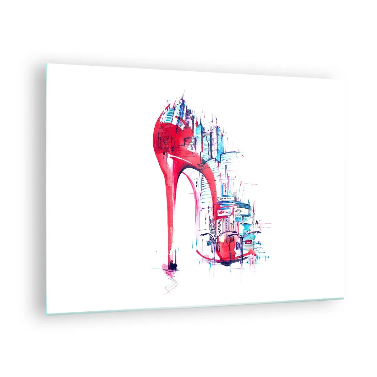 Glass picture - Red stiletto with an urban architecture motif - 70x50cm - Big City Elegance - Modern wall decoration for the living room and bedroom ARTTOR