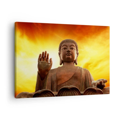 Canvas picture - A Buddha statue against a golden sunset sky - 70x50cm - Peace of the World - Modern wall decoration for the living room and bedroom ARTTOR