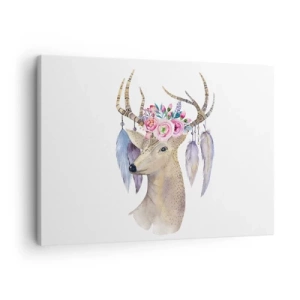 Canvas picture - Romantic deer graphic with flowers and feathers - 70x50cm - Guide of the Soul - Gentle, Innocent - Modern wall decoration for the living room and bedroom ARTTOR
