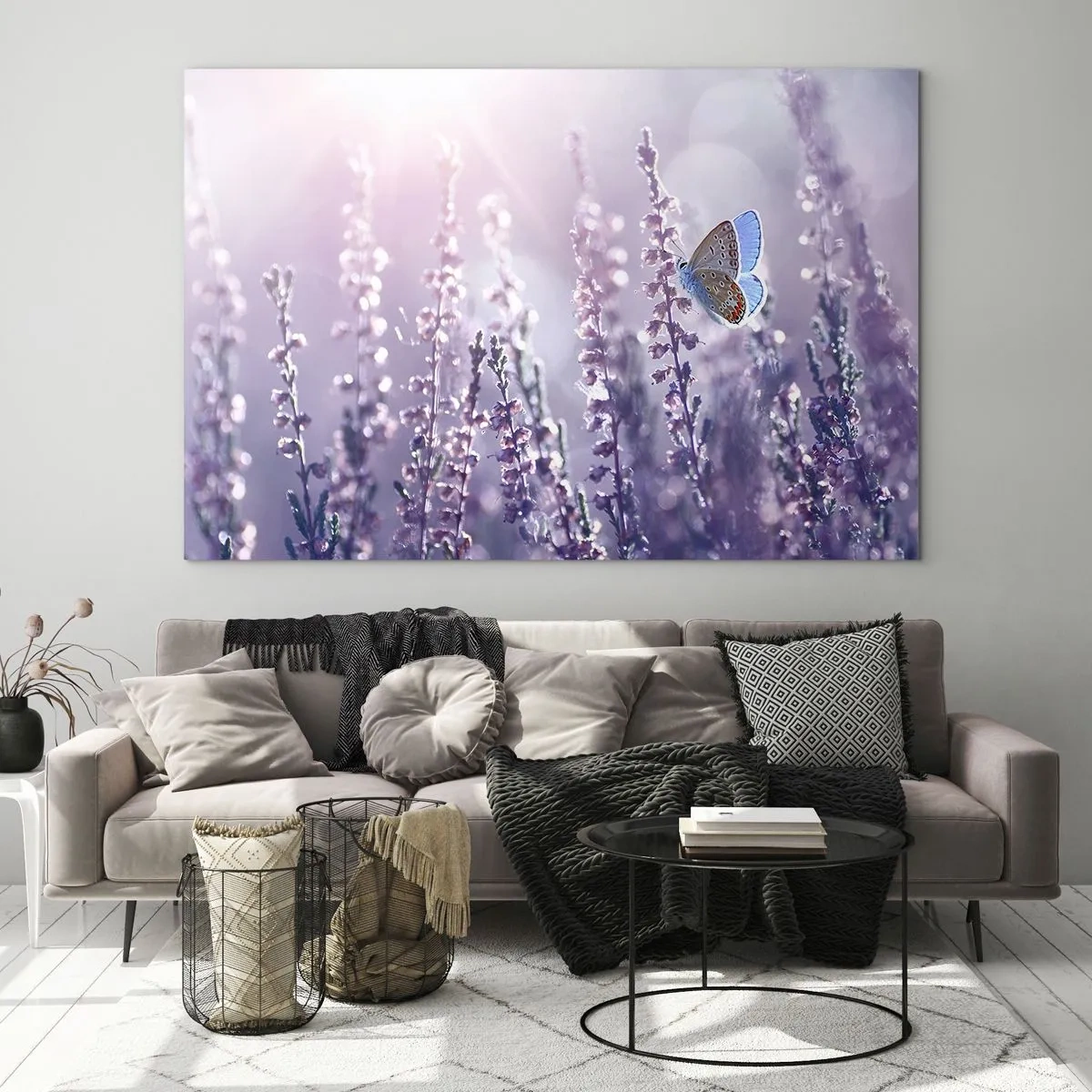Glass picture - A butterfly in a lavender field in the sunshine - 70x50cm - Kiss of a Butterfly - Modern wall decoration for the living room and bedroom ARTTOR