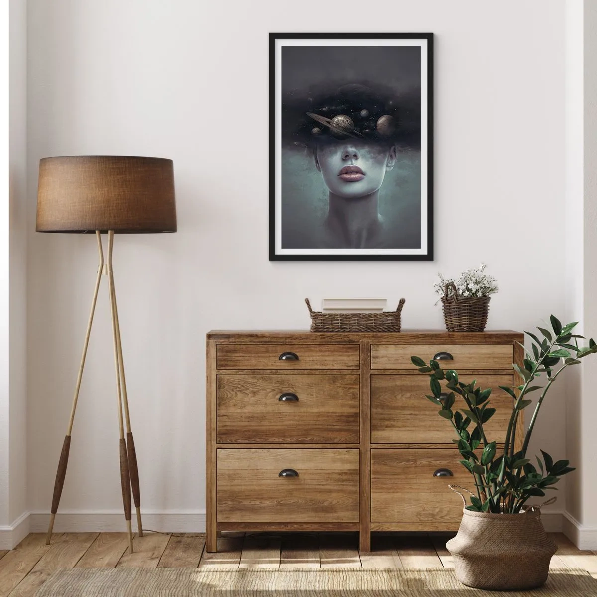 Poster in black frame - Mysterious portrait of a woman with planets in space - 50x70cm - And Planets are Revolving… - Modern wall decoration for the living room and bedroom ARTTOR