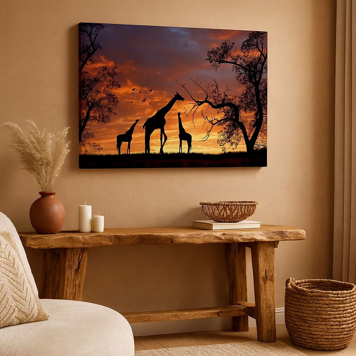Canvas picture - Silhouettes of giraffes against the backdrop of the African sunset - 70x50cm - Small Dinner among Close Ones - Modern wall decoration for the living room and bedroom ARTTOR