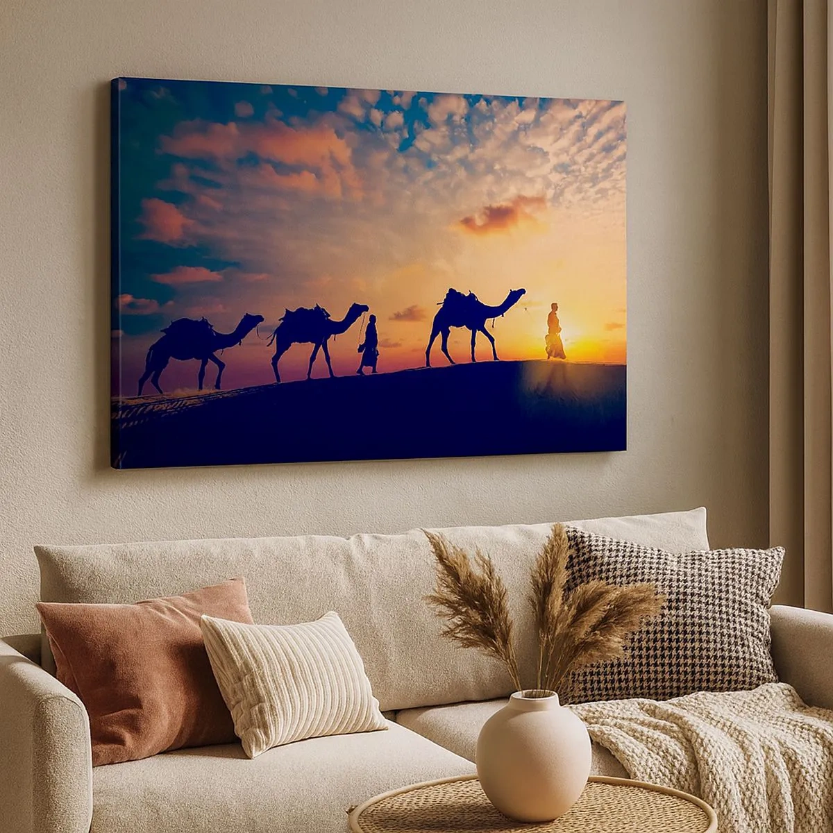 Canvas picture - A caravan of camels wandering through the desert at sunset - 70x50cm - Mysterious Spirit of the Orient - Modern wall decoration for the living room and bedroom ARTTOR