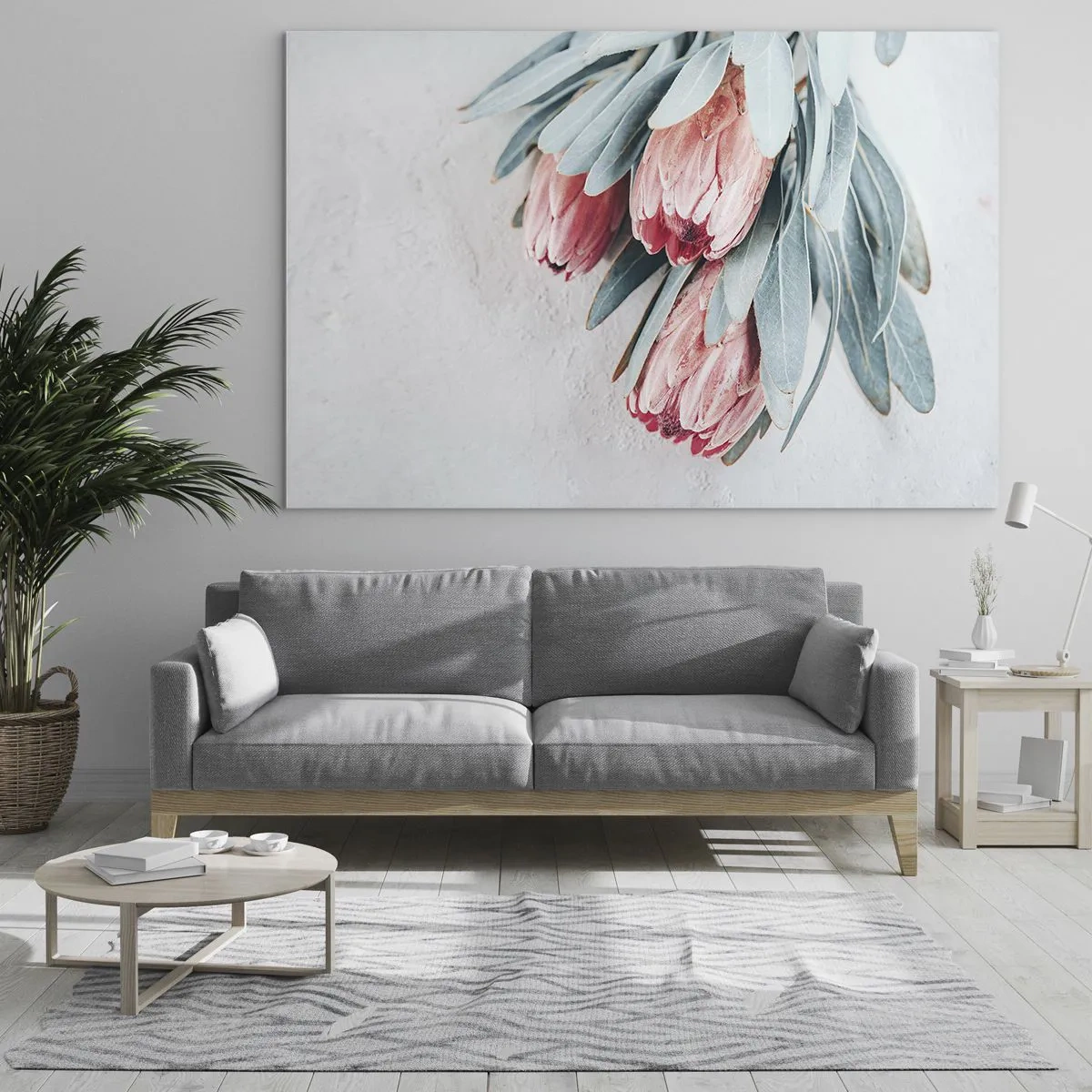 Glass picture - Three pastel protea flowers with leaves on a light background - 70x50cm - Ashamed of Their Own Beauty - Modern wall decoration for the living room and bedroom ARTTOR
