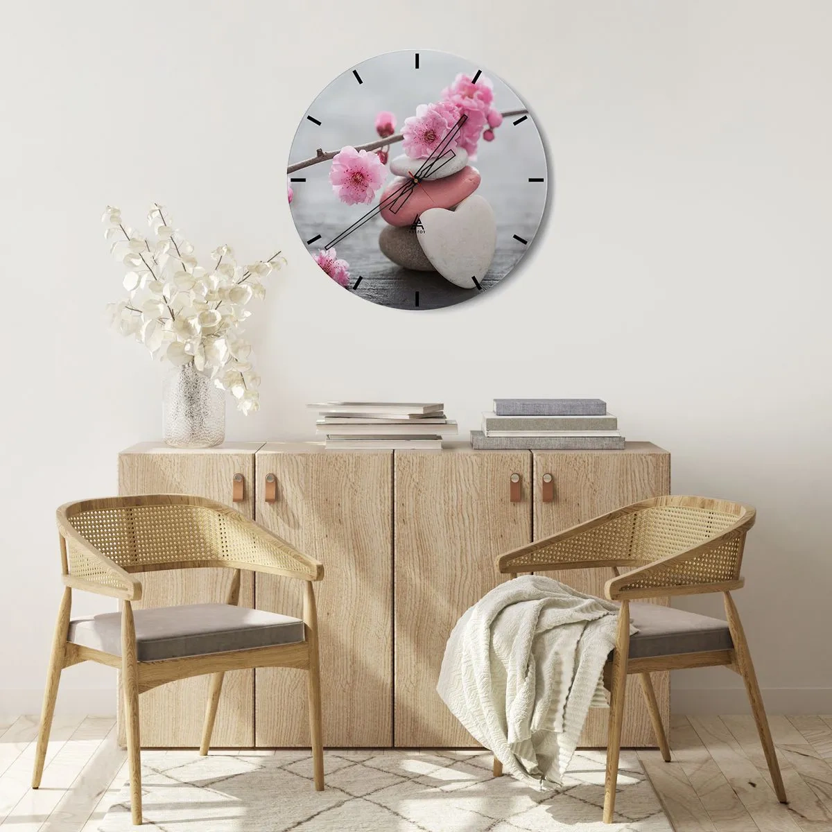 Wall clock - Clock on glass - Pink cherry blossoms on a branch with decorative stones - 30x30cm - Bliss with Cherry Blossom - Modern wall decoration for the living room, kitchen, and bedroom ARTTOR