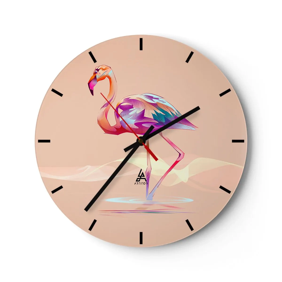 Wall clock - Clock on glass - Flamingo with a geometric pattern on a beige background - 30x30cm - Bird of Good Emotions - Modern wall decoration for the living room, kitchen, and bedroom ARTTOR