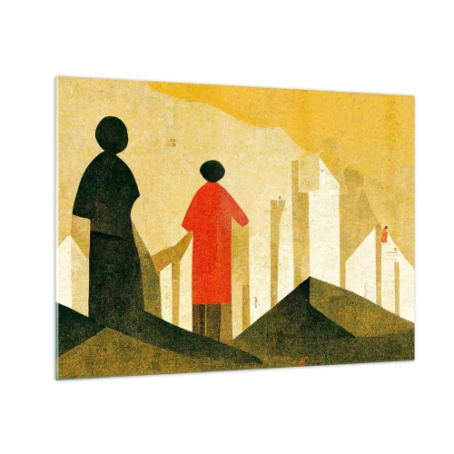 Glass picture - Geometric silhouettes of figures among tall forms against the background of a yellow sky - 70x50cm - Still a Long Way - Modern wall decoration for the living room and bedroom ARTTOR