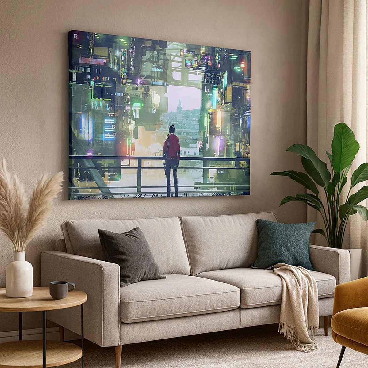 Canvas picture - figure in a futuristic city with neon lights - 70x50cm - Two Worlds - Modern wall decoration for the living room and bedroom ARTTOR