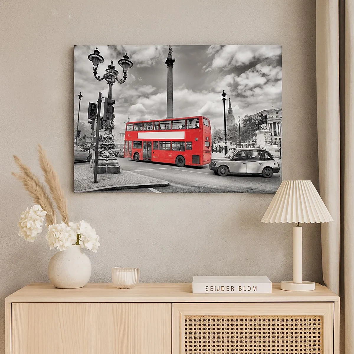 Canvas picture - A red double-decker bus against a black-and-white city backdrop - 70x50cm - Real Bloodstream of a City - Modern wall decoration for the living room and bedroom ARTTOR