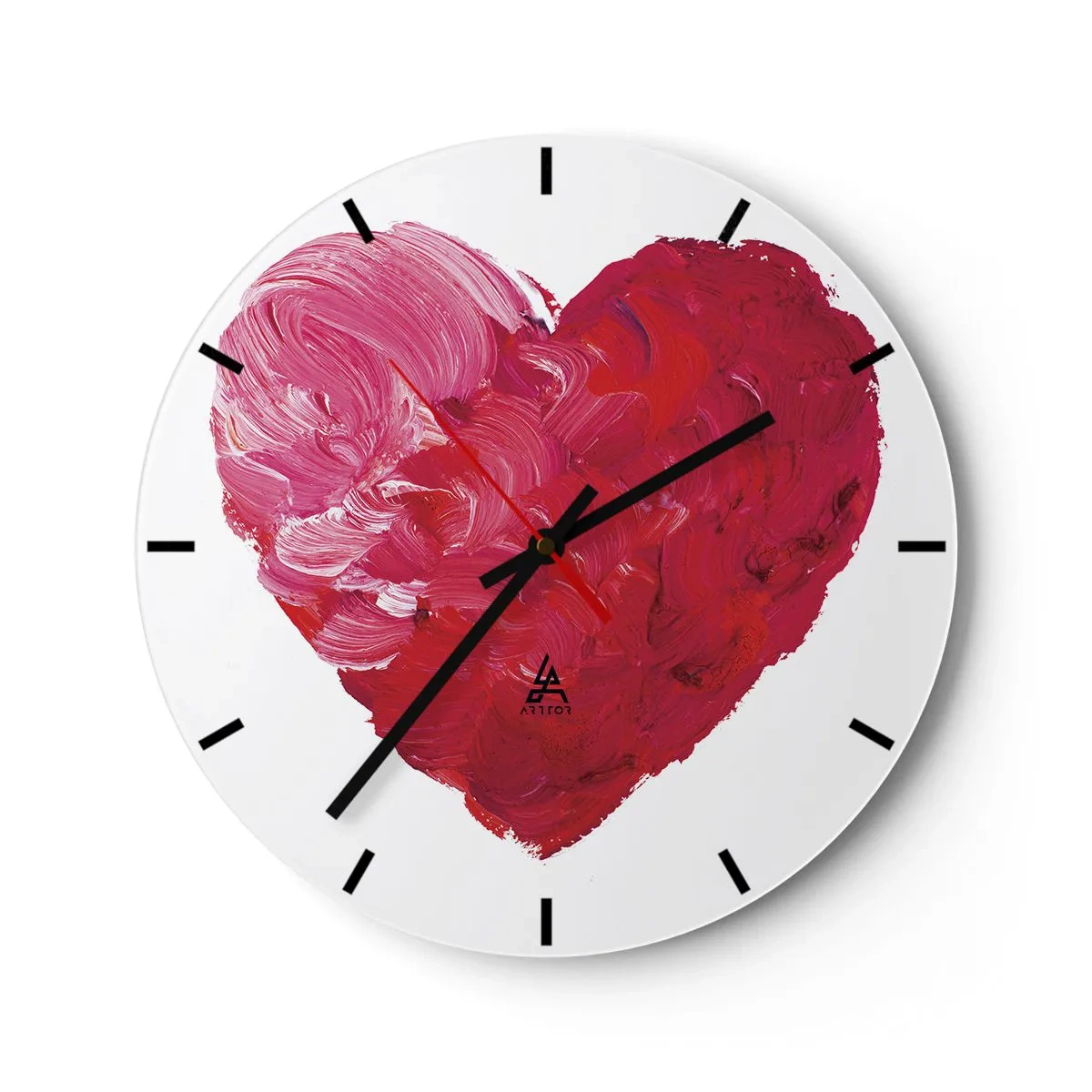 Wall clock - Clock on glass - Painted heart in shades of red and pink - 30x30cm - All You Need Is Love - Modern wall decoration for the living room, kitchen, and bedroom ARTTOR
