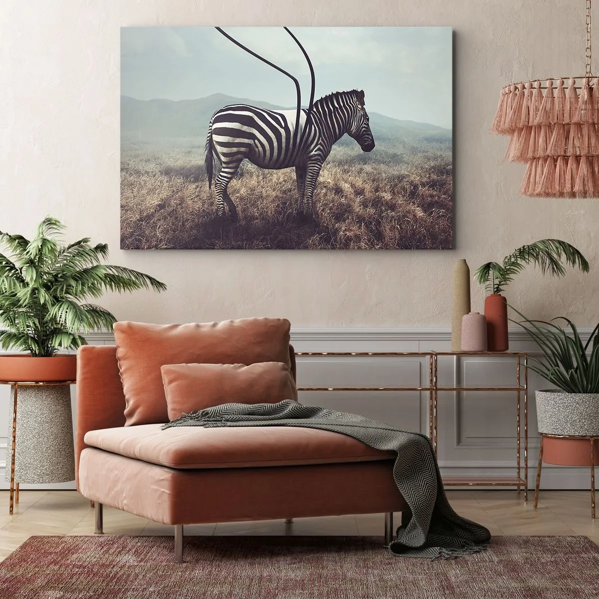 Canvas picture - A surreal zebra against a grassy landscape - 70x50cm - Attention! Faulty Design - Modern wall decoration for the living room and bedroom ARTTOR