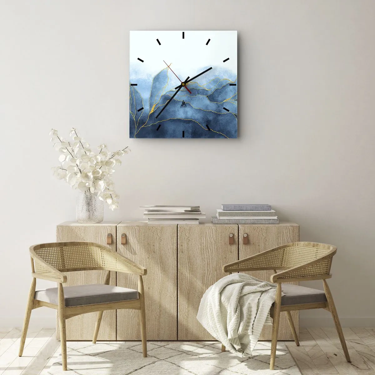 Wall clock - Clock on glass - Blue In Gold - 40x40 cm