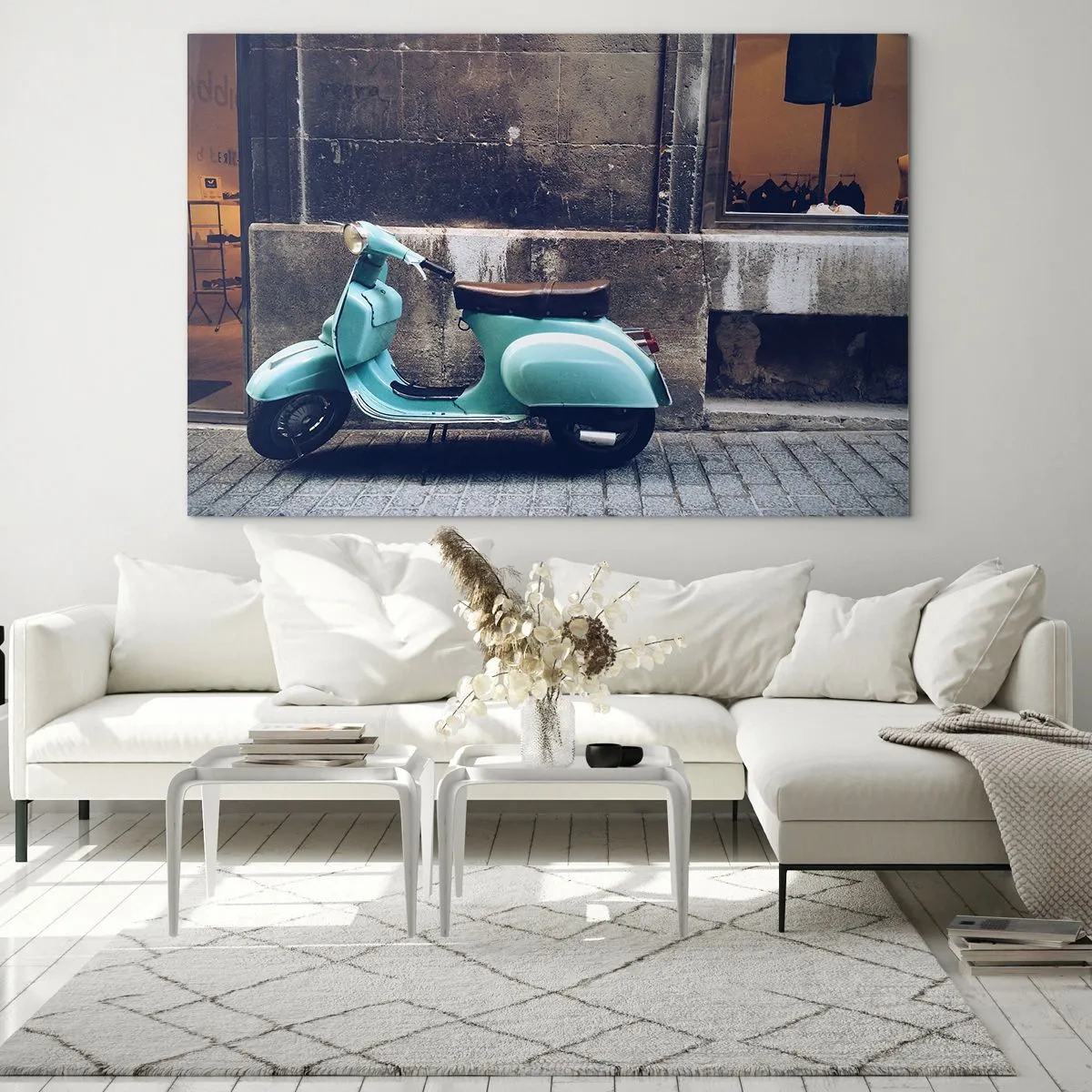 Glass picture - A blue scooter against the wall of a building - 70x50cm - Unforgetable Atmosphere - Modern wall decoration for the living room and bedroom ARTTOR