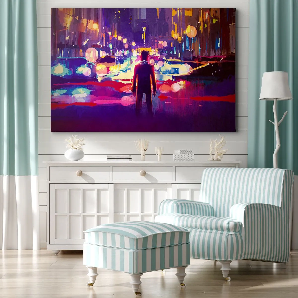 Canvas picture - A man in a neon city night scene - 70x50cm - Immersed in Light - Modern wall decoration for the living room and bedroom ARTTOR