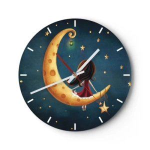Wall clock - Clock on glass - A girl sitting on the moon in a fairy-tale setting - 30x30cm - Once Upon a Time… - Modern wall decoration for the living room, kitchen, and bedroom ARTTOR