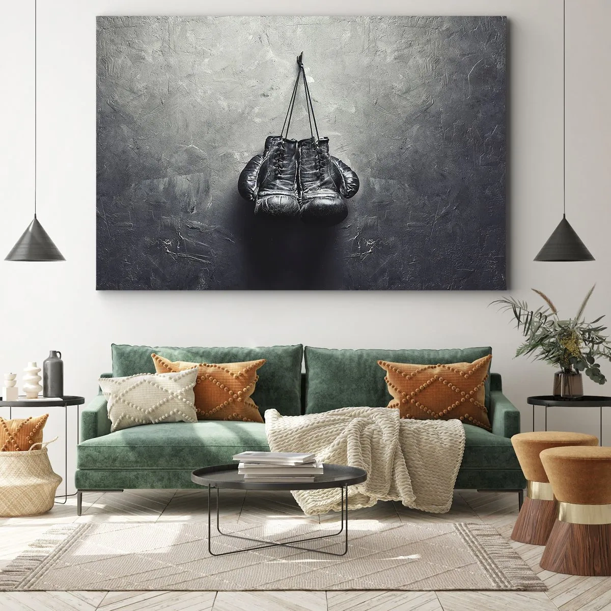 Canvas picture - Old boxing gloves against the wall - 70x50cm - A Time of Fight and a Time of Peace - Modern wall decoration for the living room and bedroom ARTTOR