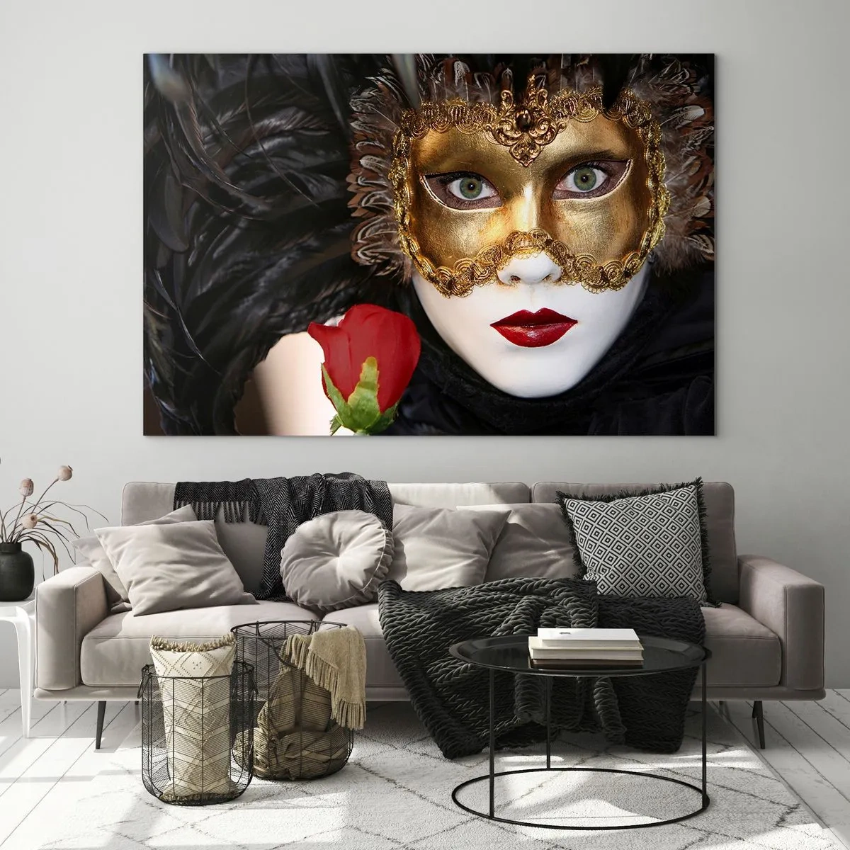 Glass picture - Carnival mask with a red rose - 70x50cm - Because Life Is a Big Ball - Modern wall decoration for the living room and bedroom ARTTOR