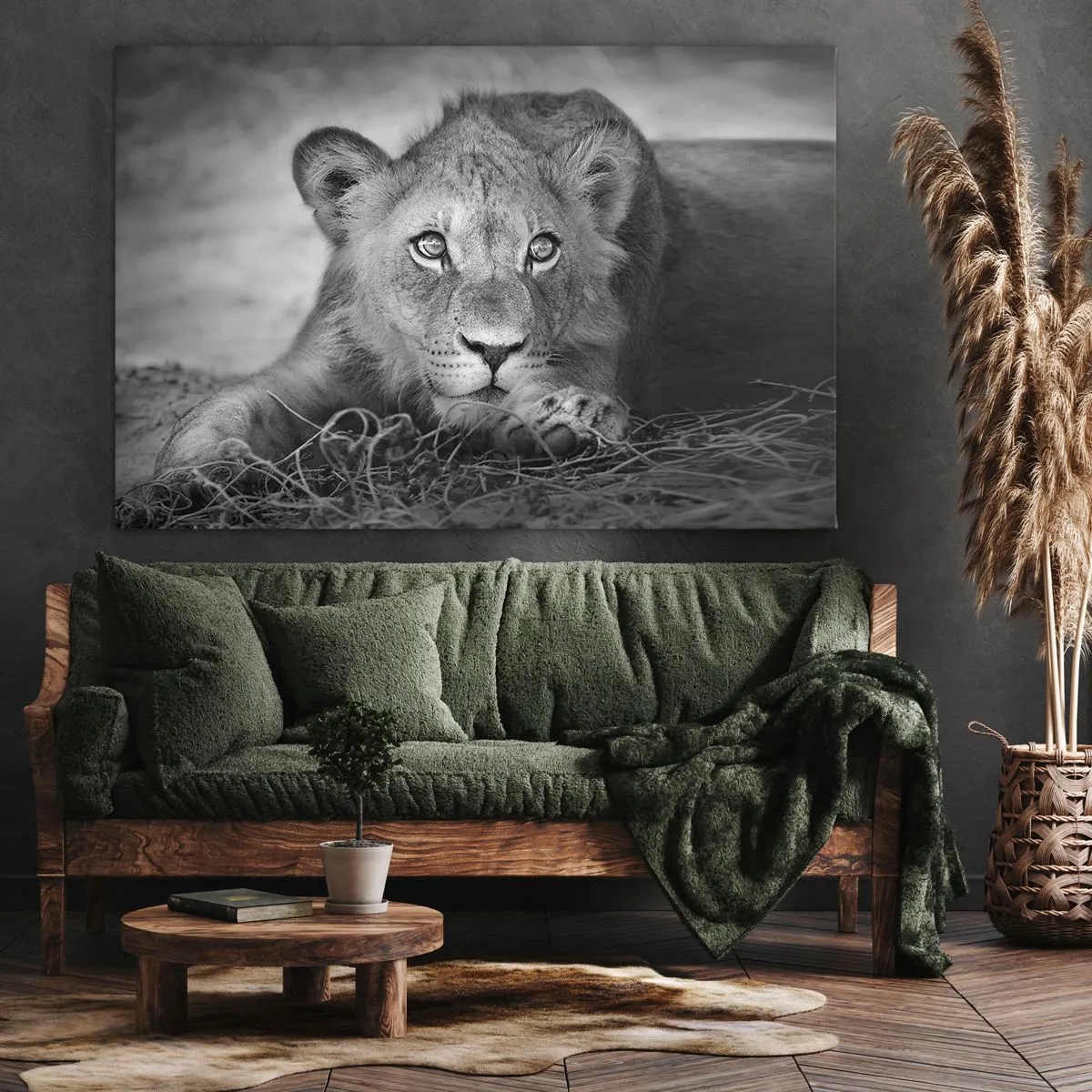 Canvas picture - Monochrome portrait of a lying young lion - 70x50cm - Royal Puppy - Modern wall decoration for the living room and bedroom ARTTOR