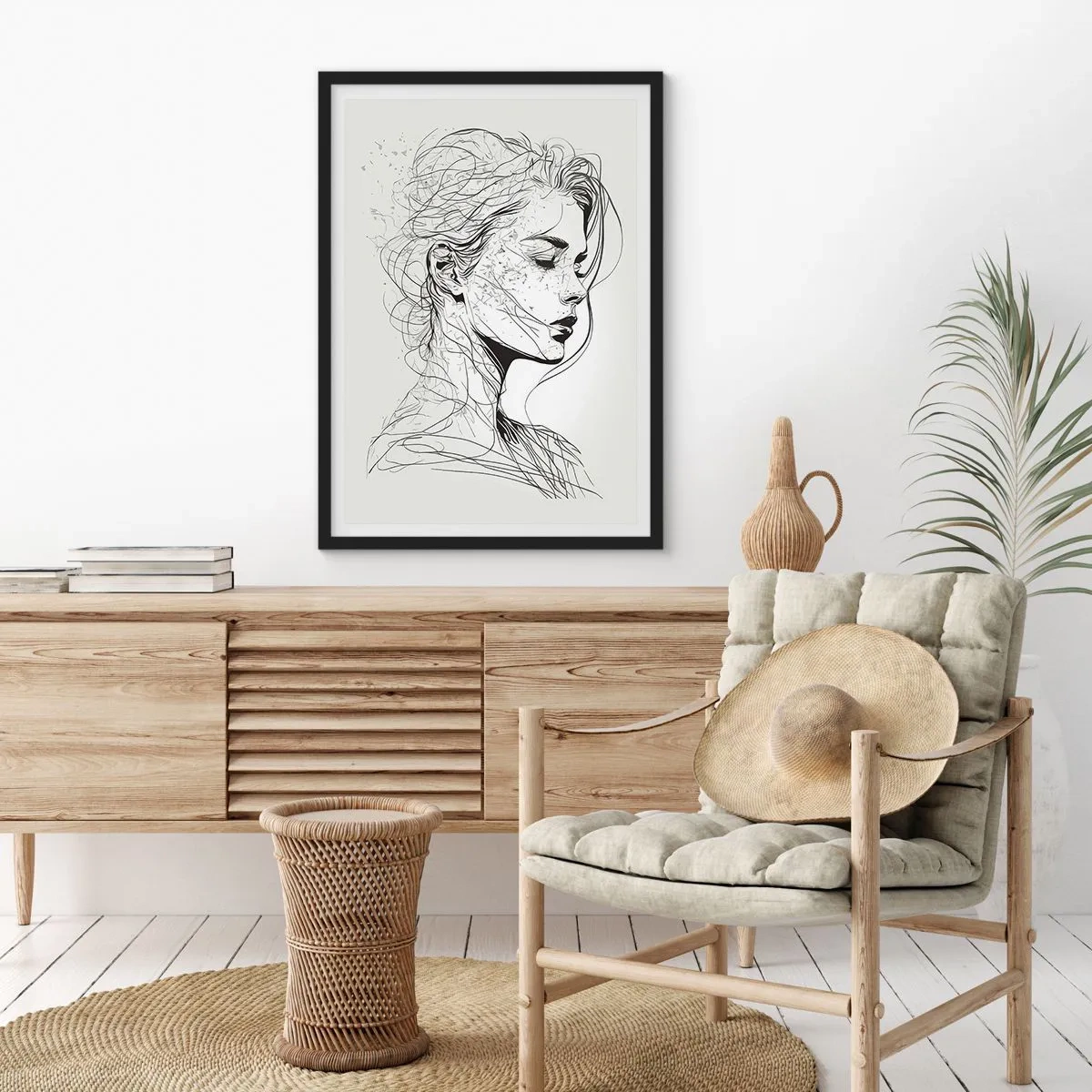 Poster in black frame - A sketch of a woman with flowing hair, created in a minimalist style. - 50x70cm - Portrait in Thoughts - Modern wall decoration for the living room and bedroom ARTTOR