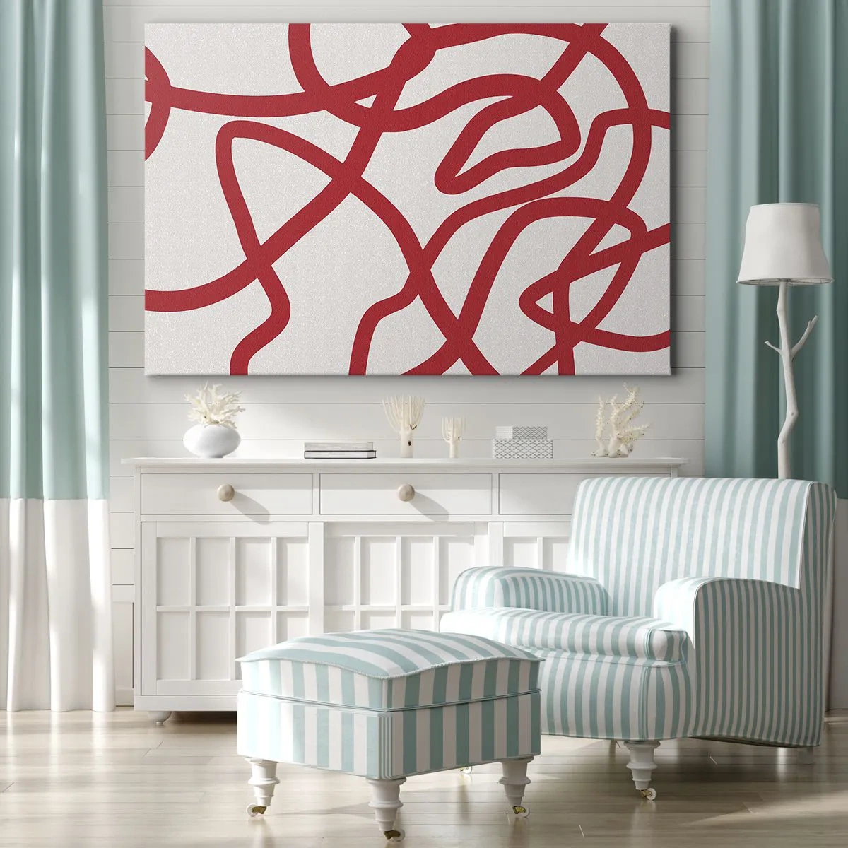 Canvas picture - Red abstract lines on a white background - 70x50cm - Red on White - Modern wall decoration for the living room and bedroom ARTTOR