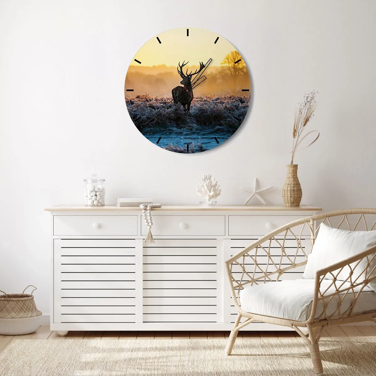 Wall clock - Clock on glass - A deer in a field on a frosty morning with an orange sky - 30x30cm - Crowned in Its Kingdom - Modern wall decoration for the living room, kitchen, and bedroom ARTTOR