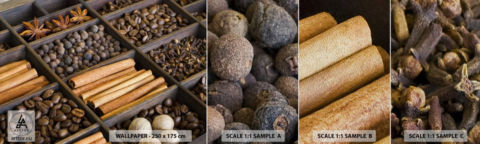 Photo Wallpaper Sample Premium Sand - Treasury of Aromas - Spices, Coffee, Cinnamon - 100x30 cm