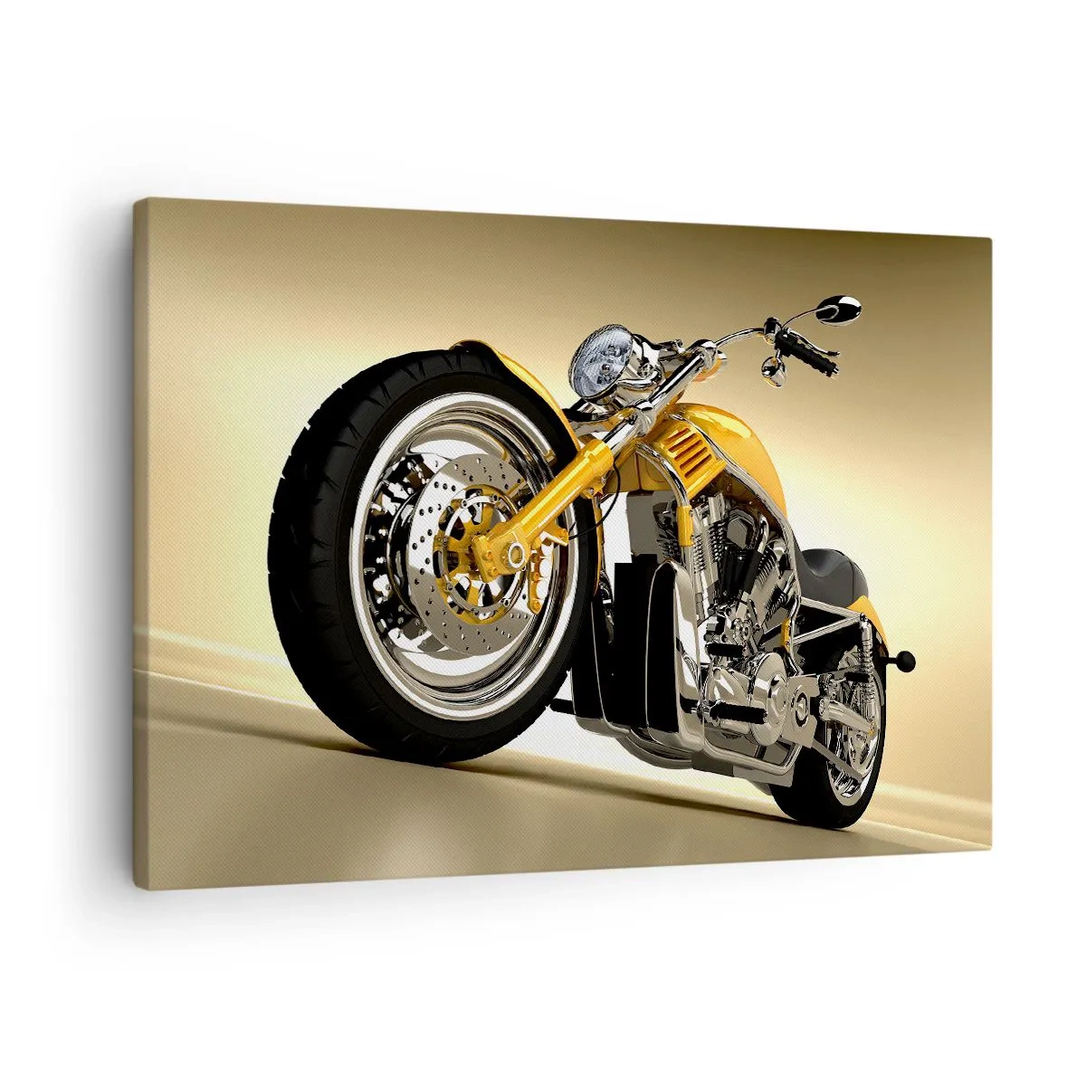 Canvas picture - A yellow chopper-style motorcycle against a beige wall - 70x50cm - Dreams of Strength and Speed - Modern wall decoration for the living room and bedroom ARTTOR