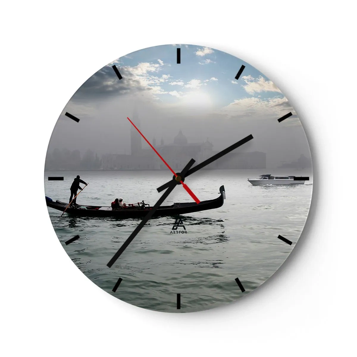 Wall clock - Clock on glass - gondola on calm water with a misty landscape in the background - 30x30cm - Fairytale City from Water and Fog - Modern wall decoration for the living room, kitchen, and bedroom ARTTOR