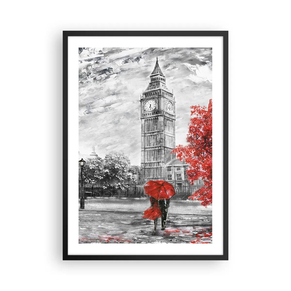 Poster in black frame - Clock Tower with Red Umbrella - 50x70cm - Exciting Day - Modern wall decoration for the living room and bedroom ARTTOR