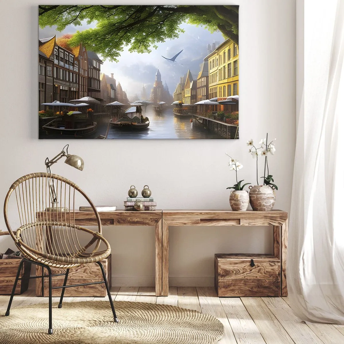 Canvas picture - A picturesque Dutch landscape with a canal and tenement houses - 70x50cm - Dutch Urban Landscape - Modern wall decoration for the living room and bedroom ARTTOR