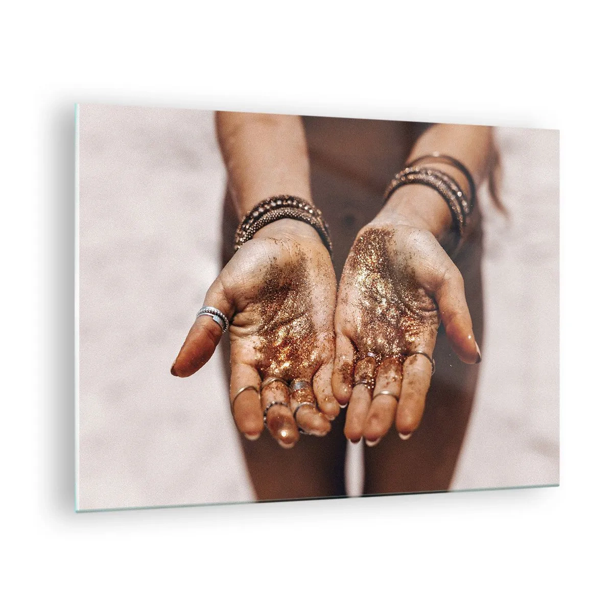 Glass picture - Open hands with glitter in warm light - 70x50cm - Gift for You - Modern wall decoration for the living room and bedroom ARTTOR