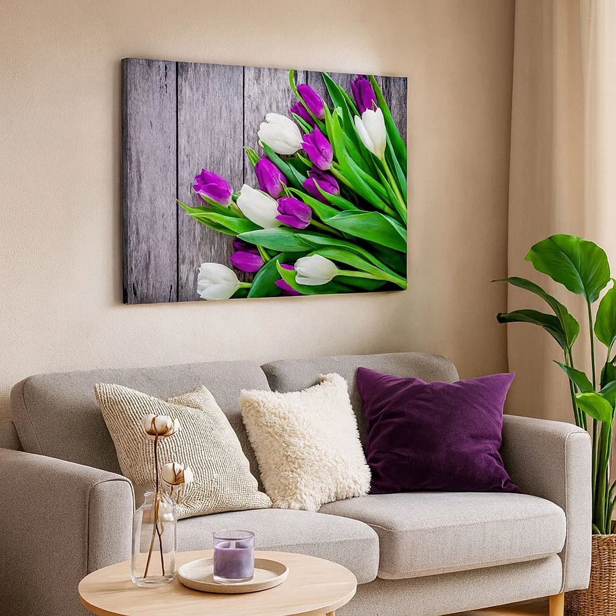 Canvas picture - A bouquet of purple and white tulips on a wooden background - 70x50cm - On a Spring Holiday - Modern wall decoration for the living room and bedroom ARTTOR