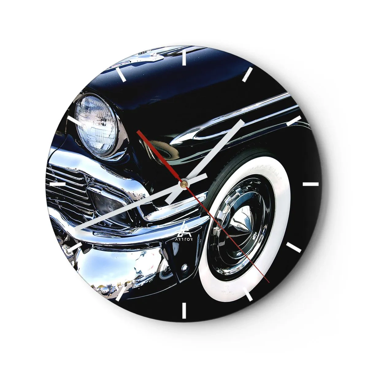 Wall clock - Clock on glass - A shiny black retro car with a classic style - 30x30cm - Classics in Silver, Black and White - Modern wall decoration for the living room, kitchen, and bedroom ARTTOR