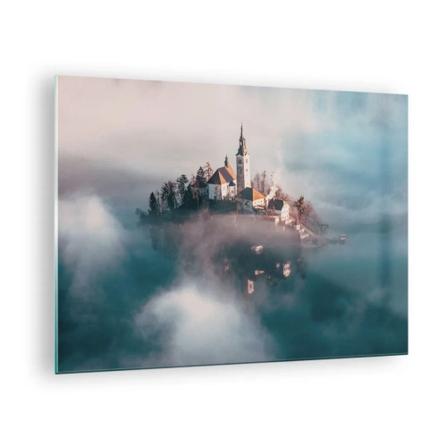 Glass picture - An island with a church surrounded by fog on a calm lake - 70x50cm - Island of Dreams - Modern wall decoration for the living room and bedroom ARTTOR