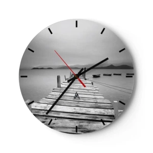 Wall clock - Clock on glass - A wooden jetty over a calm lake with mountains in the background - 30x30cm - In a Faraway Land - Modern wall decoration for the living room, kitchen, and bedroom ARTTOR