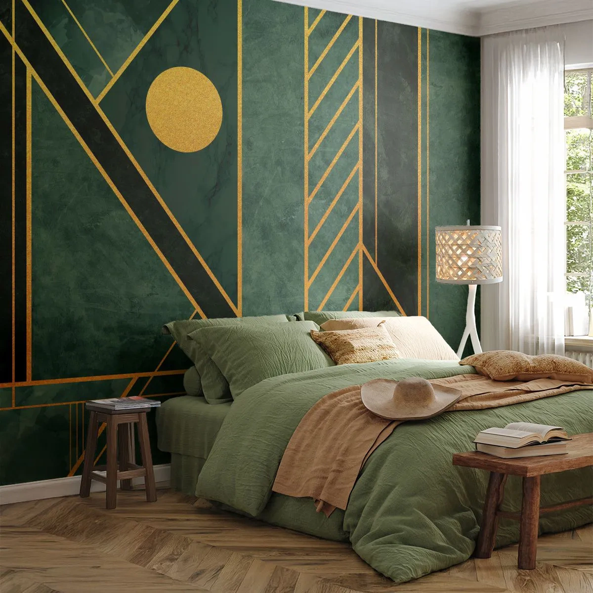 Self-Adhesive Photo Wallpaper Deluxe Sticker - Dynamics of Gold and Azure - Abstraction, Piece, Geometric Pattern - 250x175 cm
