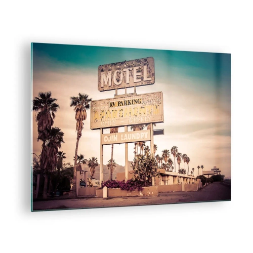 Glass picture - An old motel sign surrounded by palm trees creates a retro vibe - 70x50cm - The Time Stopped Here - Modern wall decoration for the living room and bedroom ARTTOR