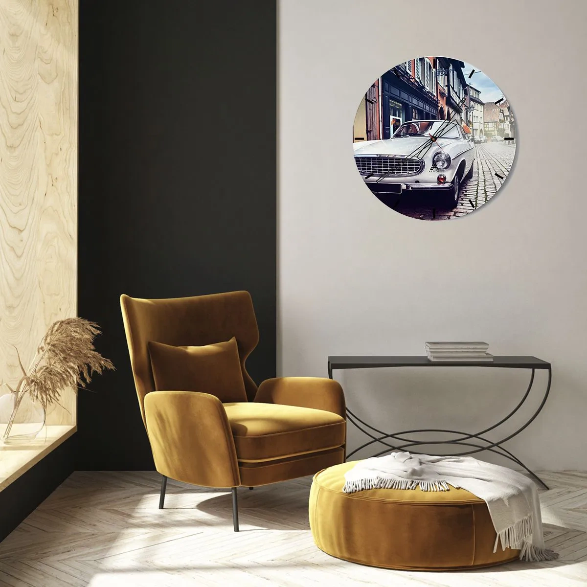 Wall clock - Clock on glass - A classic car on a cobblestone street surrounded by tenement houses - 30x30cm - The Past Is Today - Modern wall decoration for the living room, kitchen, and bedroom ARTTOR