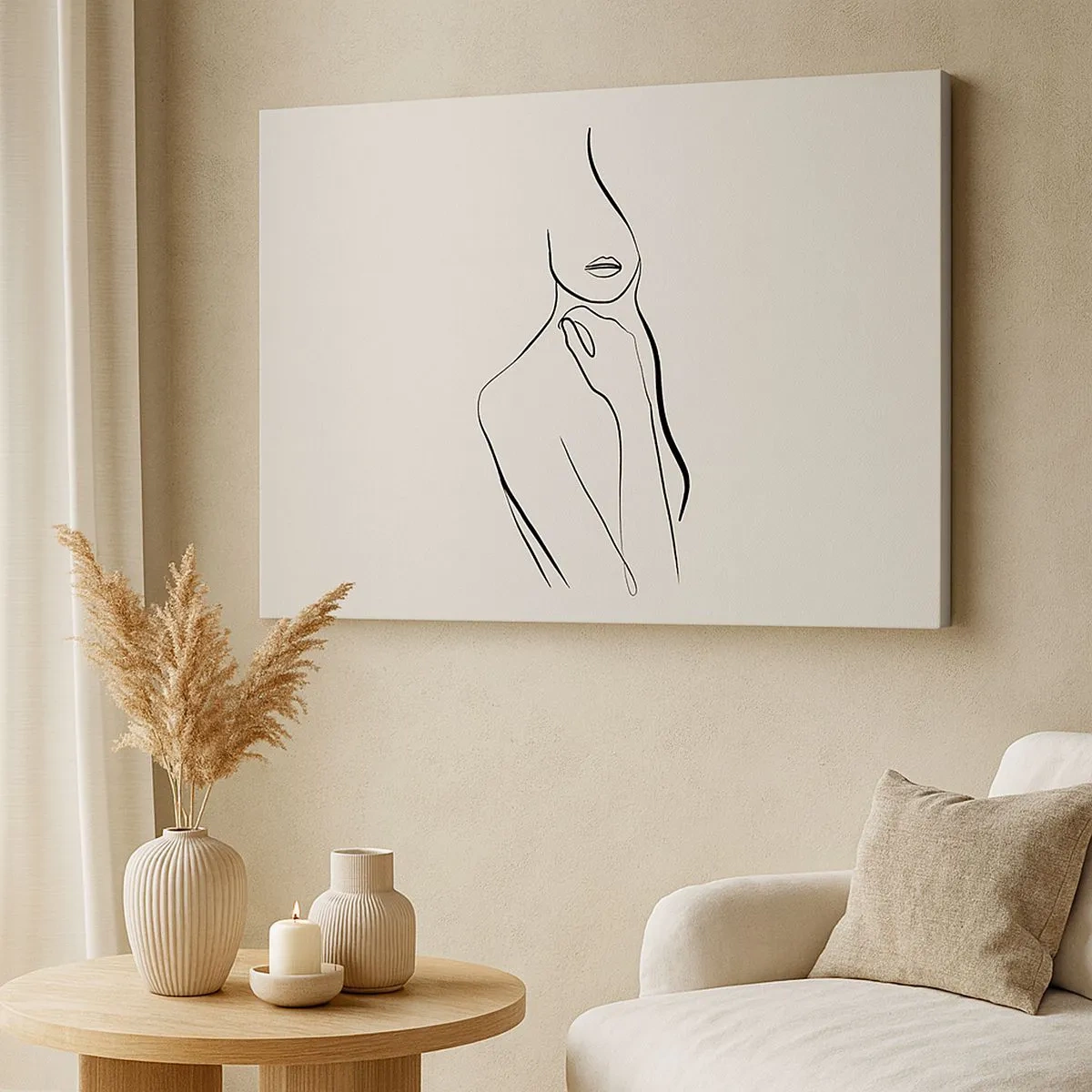 Canvas picture - A minimalist sketch of a woman's silhouette against a light background. - 70x50cm - Wave of Melancholy - Modern wall decoration for the living room and bedroom ARTTOR