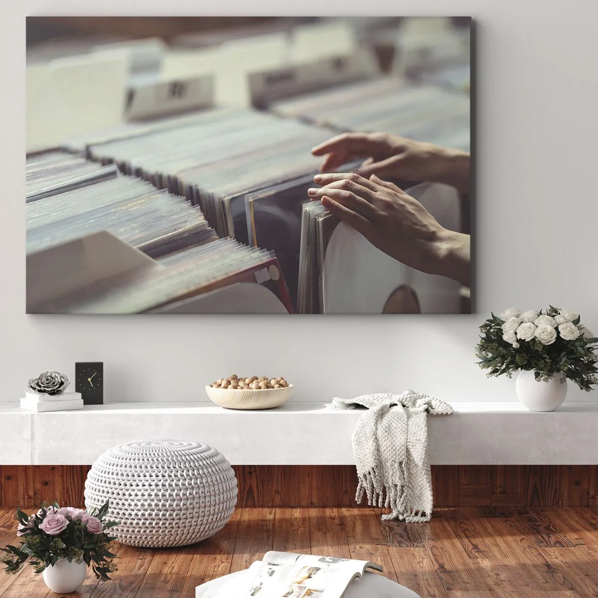 Canvas picture - Hands looking through a vinyl collection - 70x50cm - In Search of Good Vibes - Modern wall decoration for the living room and bedroom ARTTOR